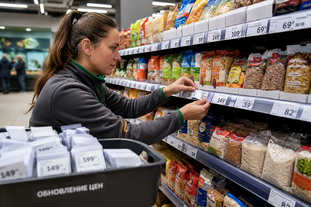 Бумажные ценники на полке продуктового магазина