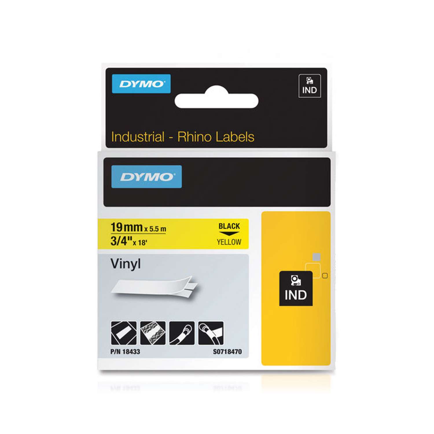 Картридж Dymo 18433/S0718470 для принтера этикеток, 19 мм x 5,5 м, черный шрифт на желтой ленте