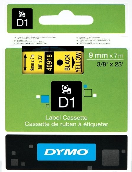 Картридж Dymo 40918/S0720730 для принтера этикеток, 9 мм x 7 м, черный шрифт на желтой ленте