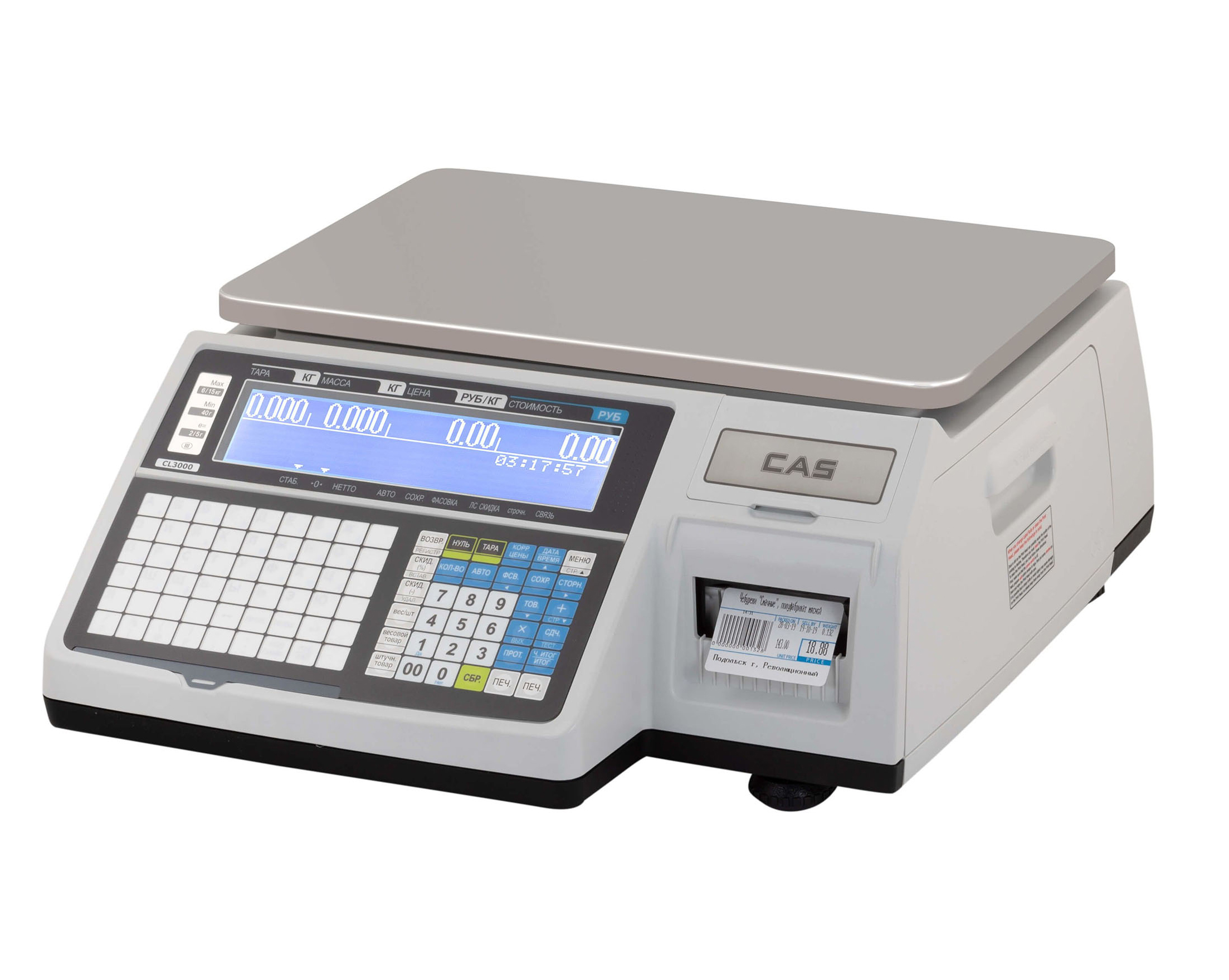 Торговые весы с печатью этикеток CAS CL5000J-06IB, PS/2, Ethernet, RS-232, USB, наибольший предел взвешивания (НПВ) 6 кг., дискретность 1 г.