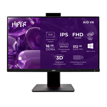 Моноблок HIPER V6 V6-i5144R16N5H6FBI6DPBWMKWP 23,8", IPS, Intel Core i5-14400, 16ГБ RAM, SSD 512ГБ, UHD Graphics, Wi-Fi, Bluetooth, Win 11 Pro