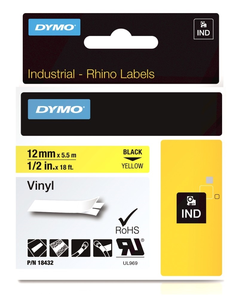 Картридж Dymo 18432/S0718450 для принтера этикеток, 12 мм x 5,5 м, черный шрифт на желтой ленте